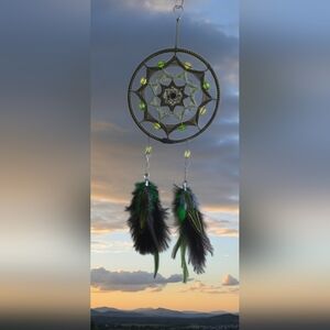 New Handmade Green and Black Authentic Feather Dreamcatcher With Glass Beads